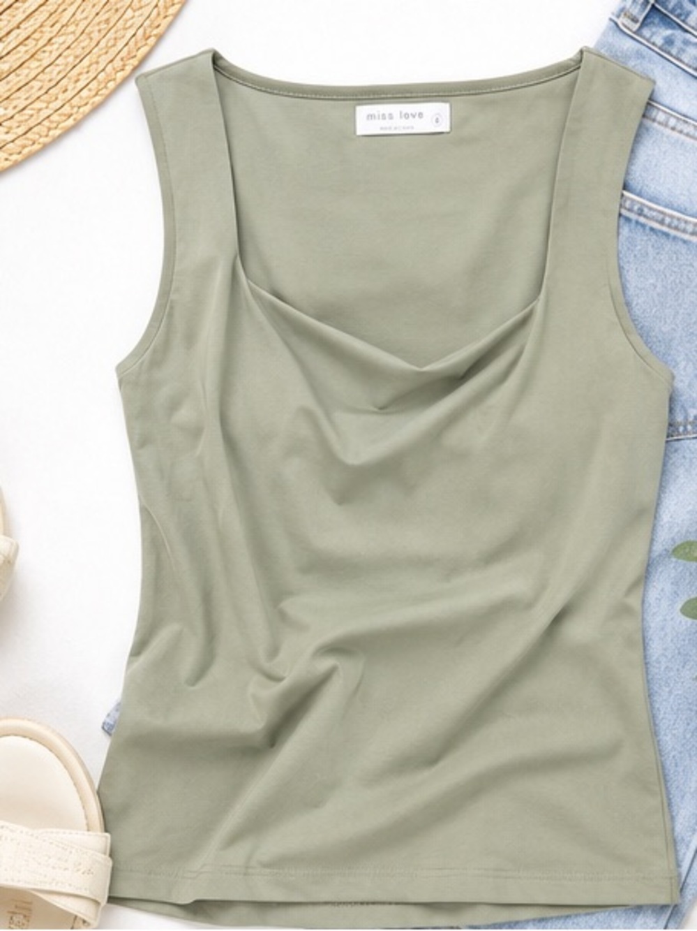 Miss Love Sage Green Square Neck Thick StrapTank Top - Women